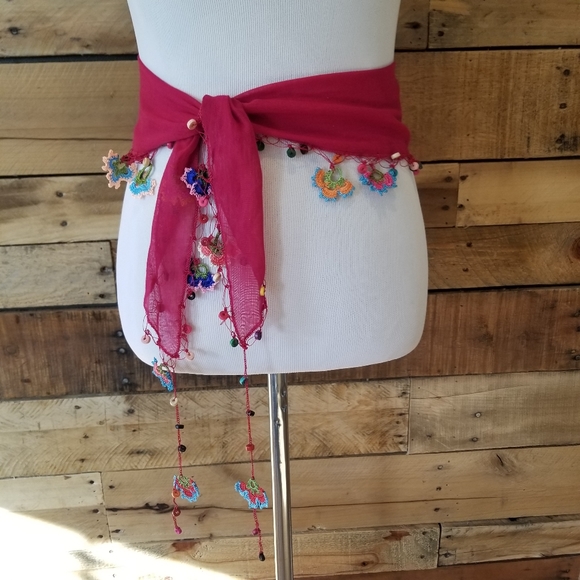 Accessories - Magenta boho beaded belt/scarf